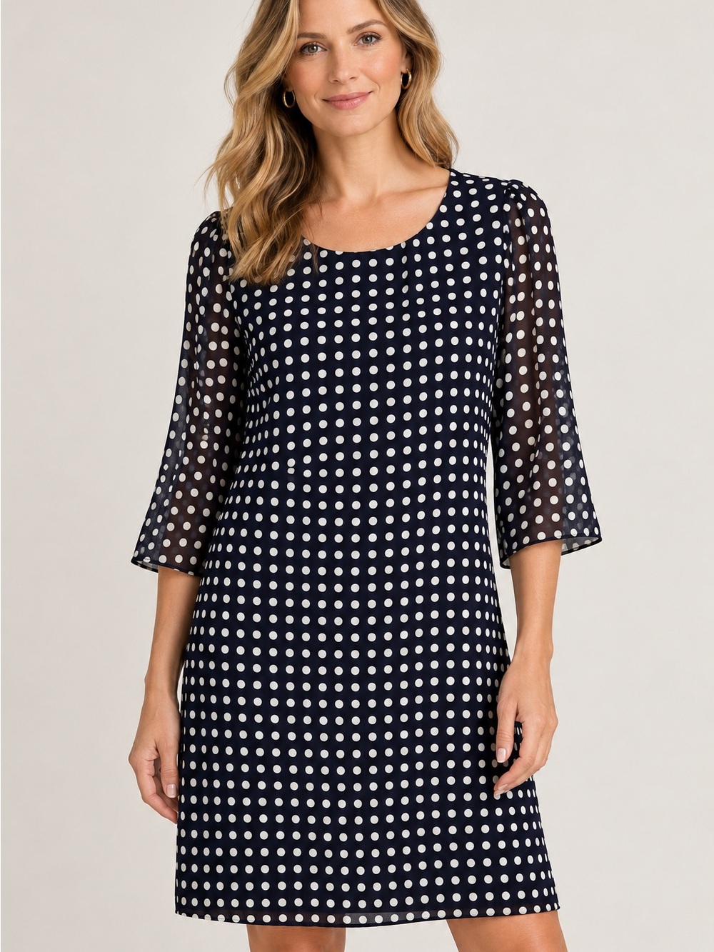 Karl Lagerfeld Navy Polka Dot Sheer Sleeve Shift Dress